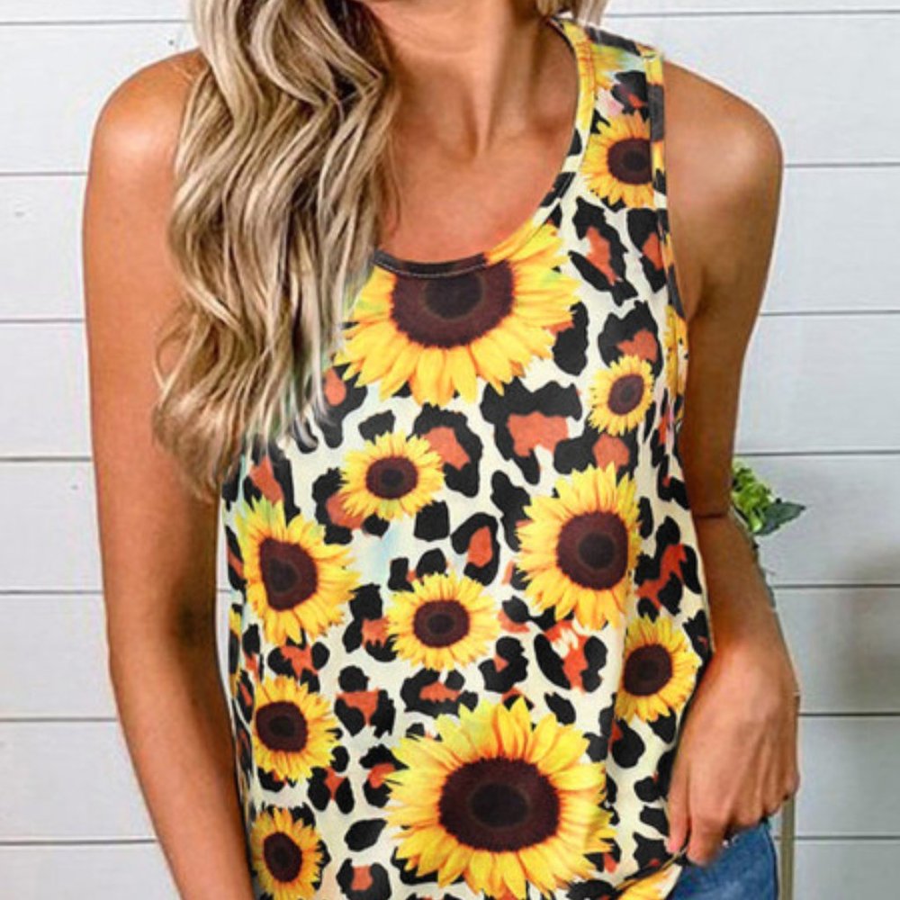 Leopard Sunflower Twist Back Casual Tank